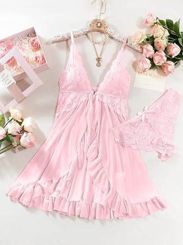 Foxiny Sexy Lingerie Dress 2pcs Women Night Gown with Thong 3XS-6XL | Open Front Babydoll Dress Set Plus Sheer Mesh Lace Boudoir Outfits Wear Honeymoon Halloween Christmas Valentine Negligee thumbnail 5