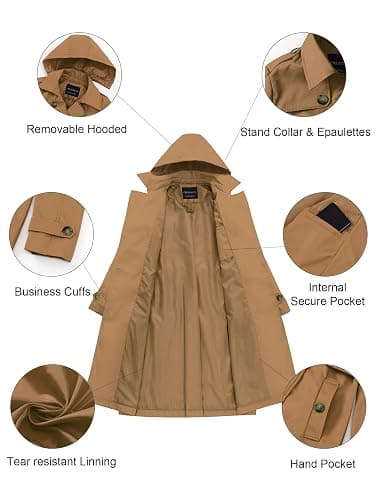 CREATMO US Women's Long Trench Coat Double-Breasted Classic Lapel Overcoat Belted Slim Outerwear Coat with Detachable Hood thumbnail 5