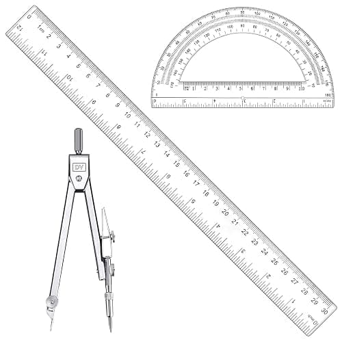 3 Pcs Plastic 12 Inch Ruler, Clear Protractor and Compasses Set for Student Geometry, Durable Transparent Drawing Measuring Rulers for School Office - Image 1