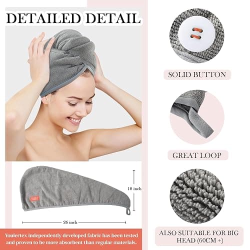 YoulerTex Ultra-Plüsch-Mikrofaser-Haarhandtuch für Damen, 2 Stück, 25,4 x 66 cm, ultra-saugfähig, Twist-Haarturban, Trocknungskappe, Haarwickel, zum Trocknen von lockigem, langem und dickem Haar, Lila thumbnail 4