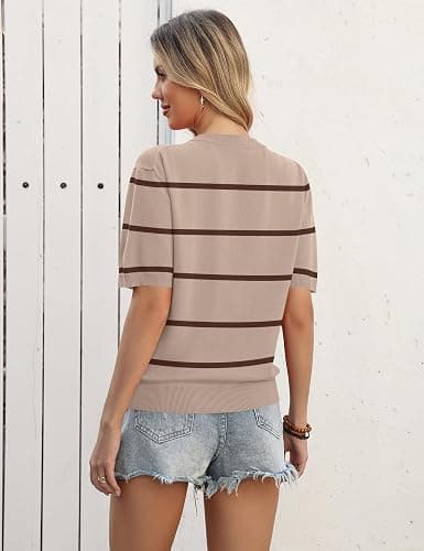 AKEWEI Sweaters for Women Crew Neck Short Sleeve Tops Knit Button Down Shirts Pullover Sweater thumbnail 6