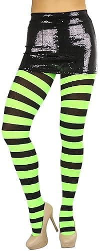 ToBeInStyle Women’s Wide Horizontal Contrast Stripe Tights Opaque Hosiery - One Size Plus - Black and Neongreen thumbnail 6