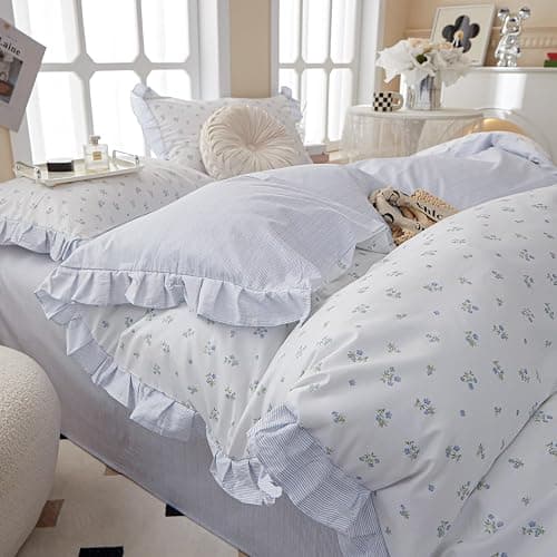 MOTNTD Blue Floral Duvet Cover Full Blue Ruffle Boho Comforter Cover Full Size Coquette Cotton Cozy Lightweight Duvet Cover Set with Hidden Zipper Cute Bedding Sets Aesthetic Duvet Protector thumbnail 3