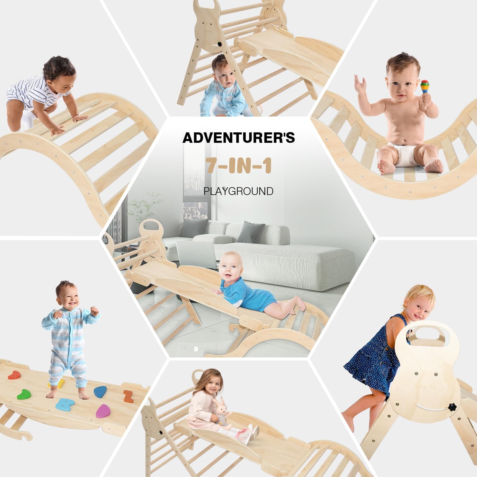 7 in 1 Large Pikler Triangle Set,Foldable Climbing Toys Wooden Montessori Climbing with Sliding Ramp&Arch Rocker for Toddlers,Climber Indoor Playground Set for Kids (Wooden Color) thumbnail 8