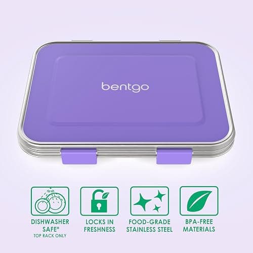 Bentgo Kids Stainless Steel Leak-Resistant Lunch Box - 3-Compartments with Bonus Silicone Container, Durable, Eco-Friendly, Dishwasher Safe, BPA-Free, Ideal for School, Ages 3+ (Purple) thumbnail 4