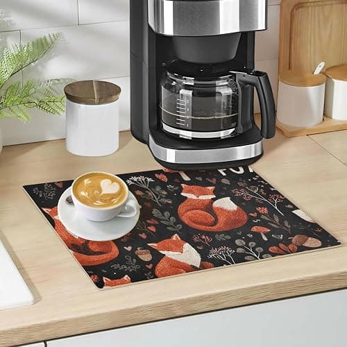 QwThum Black Foxes Mushrooms Coffee Mat Coffee Bar Maker Backed Absorbent Nonslip Station Mats For Kitchen Countertop Fast Dry Washable Dish Drying Mat 18x12Inch thumbnail 2