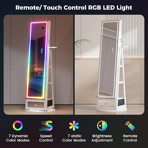 HWB Jewelry Cabinet with LED Mirror, 360° Swivel & Remote Control, White | Remote-controlled RGB LED Lighting, Spacious Storage with Shelves and Drawer thumbnail 5