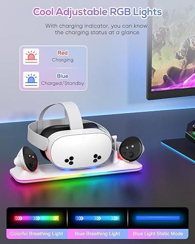 Charging Dock for Meta Quest 3S/3, Kinwin Magnetic Charging Station for Oculus Quest 3S/3 Accessories with RGB Light, Charging Stand for VR Headset and Controller with 2 Rechargeable Batteries (White) thumbnail 5