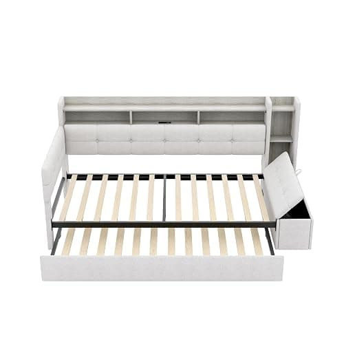 Upholstered Corner Day Bed Frame with Trundle, Footstool and Drawers, Beige | Modern floor upholstery daybed with l shape button tufted headboard, bookshelf, charging station and LED light thumbnail 6