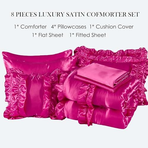 MOVE OVER Hot Pink Satin Comforter Set Queen Size 8 Pieces Bed in a Bag Farmhosue Shabby Chic Ruffle Comforter Set Luxury Silk Like Satin Bedding Set Boho Chic Satin Ruffled Comforter Sets thumbnail 6