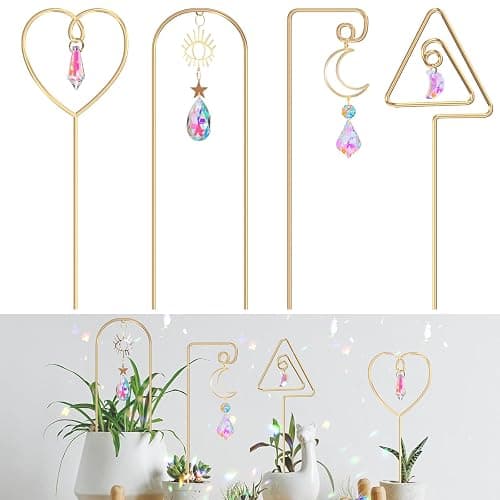 WellSign Small Trellis for Potted Plants Indoor with Colorful Crystal Sun Catcher, 14.17 Inch Metal Plant Lattice for Mini Potted Plant Decoration for Home Window Garden 4 Pack - Image 1