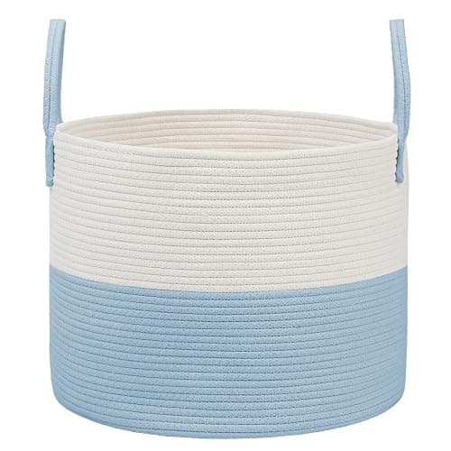 JMvicyroam Woven Blanket Basket,65L Large Rope Storage Bin with Handles, Organizer for Blankets Toys Book and Clothes, Laundry Basket for Living Room Bedroom Nursery,White&Blue - Image 1