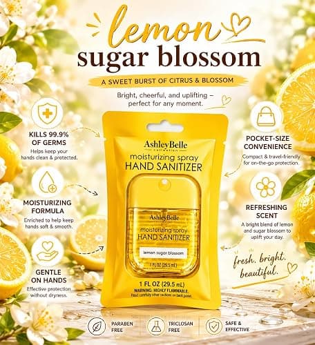 AshleyBelle Moisturizing Spray Hand Sanitizer Variety Pack – Sweet Floral Morning, Rose Lychee, Lemon Sugar Blossom & Blueberry Freesia – Travel Size Pocket Hand Sanitizer Spray, 1 FL OZ Each, 4 Pack thumbnail 5