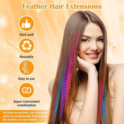 65 Pcs Hair Feathers with Hair Extension Tools, 13 Colors Long Straight Synthetic Hair Feather Extensions Kit with Microlink Beads for Women Girls Kids Daily Parties Festival thumbnail 5