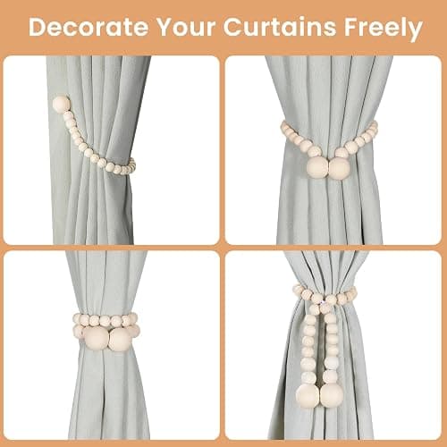 KLOGTSIND Magnetic Wood Bead Curtain Tiebacks, Curtain Holders for Boho Bedroom, Baby Nursery, Farmhouse Decor, Wood Color, 2 Packs thumbnail 4