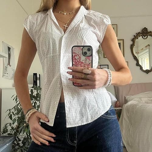 Women Y2k Short Sleeve Button Up Shirt V Neck Collared Plaid Preppy Tops Slim Fit Vintage Coquette Blouse thumbnail 3