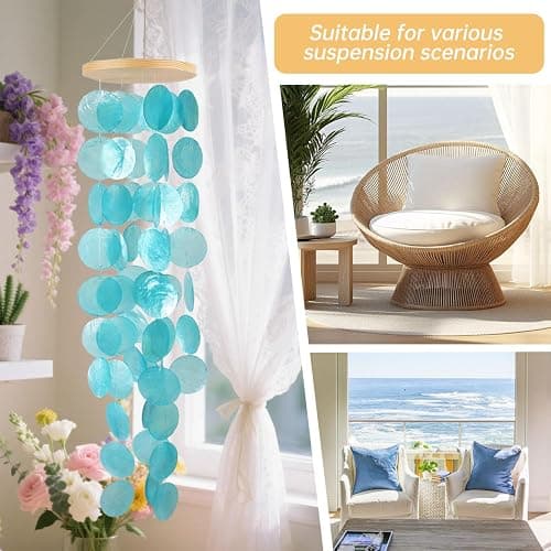 Capiz Shell Wind Chimes, Coastal Style Indoor Outdoor Garden Decor Gift | Decorative Coastal Capiz Shell Wind Chimes for Indoor & Outdoor Garden Patio, Ideal Gift for Wind Chime Enthusiasts thumbnail 4