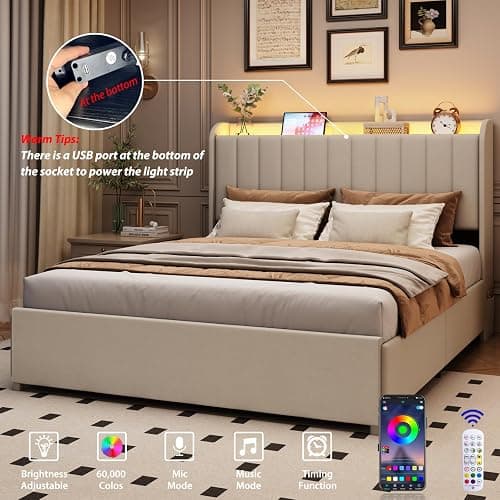 Queen Bed Frame with 4 Drawers and Storage Headboard, Upholstered Platform Bed Frame Queen Size with Led Lights and Handy Charging Station, No Box Spring Needed, Easy Assembly, Noise Free, Beige thumbnail 5
