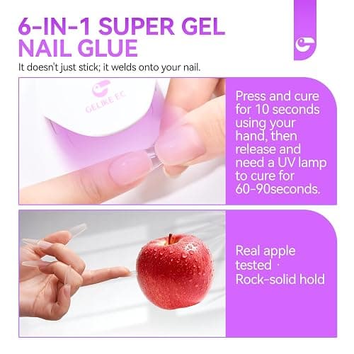 Gelike ec Nagelkleber Für Kunstnägel 6 in 1Clear Extra Stark Nail Glue Für Press On Nail Glue Gel For Nail Tips Nagelkleber Gel Für Fake Nails-Brauchen Ausharten Unter UV Nagellampe 8ML thumbnail 2