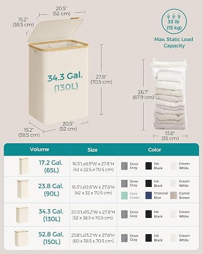 SONGMICS Laundry Hamper with Lid, 2-Section Large Laundry Basket, 34.3-gallon (130L), Removable Mesh Liner, Bamboo Handles, Collapsible, 20.5 x 15.2 x 27.8 Inches, Cream White ULCB513W01 thumbnail 3