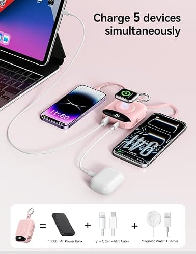 Portable Charger Power Bank, 10000mAh Fast Charging Power Bank with Built-in Cables, Travel Keychain Battery Pack with LED Display for iPhone Samsung Android iPad iWatch Charger 11/10/9/8/Ultra,Pink thumbnail 5