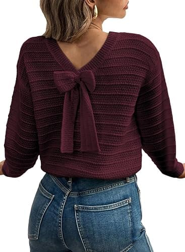 EVALESS Sweaters for Women Long Sleeve Fall Outfits 2025 Back Bow Knot Sweaters Round Neck Solid Knit Pullover Tops - Image 1