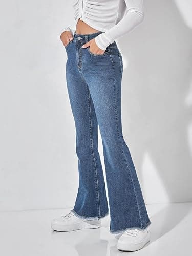 WDIRARA Women's Petite High Waisted Raw Hem Flared Jeans Stretchy Bell Bottom Denim Pants thumbnail 4