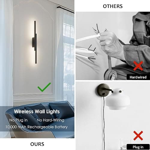 Aipsun Black Wall Sconces Set of Two Battery Operated Wall Sconces 3000K-6000K Dimmable LED Wireless Wall Lights for Living Room,Bedroom,10,000mAh,23.6Inch (2 Pack) thumbnail 3