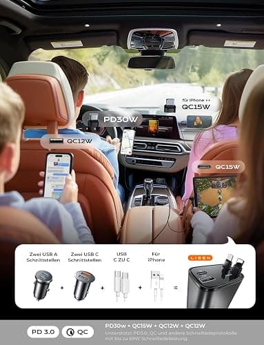 LISEN 4 in 1 Zigarettenanzünder USB C 69W Auto Ladegerät Adapter 12V, Auto Zubehör KFZ Geschenke für Männer Frauen, Reise Gadgets Camping Zubehör Car Accessoires für iPhone 16 Pro Max iPad Air 17 - Gray thumbnail 3
