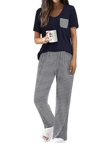 Ekouaer Pajama Sets for Women Short Sleeve Pj Set V Neck Sleepwear Chest Pocket with Long Pants Casual Loose Loungewear - Image 1