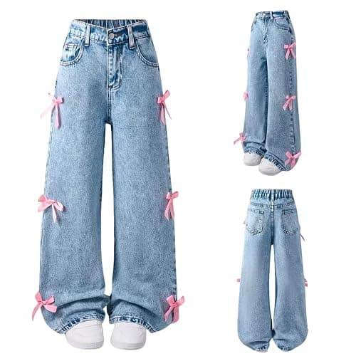 Bow Jeans for Girls Wide Leg Baggy Denim Pants Cute High Waisted Trousers Kids Casual Y2k Streetwear with Pockets 6-14Y - Image 1