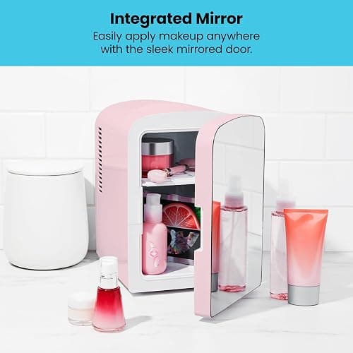 Chefman Portable Mirrored Personal Fridge, 4 Liter Mini Refrigerator, Skin Care, Makeup Storage, Beauty, Serums And Face Masks, Small For Desktop Or Travel, Cool & Heat, Cosmetic Application, Pink thumbnail 6