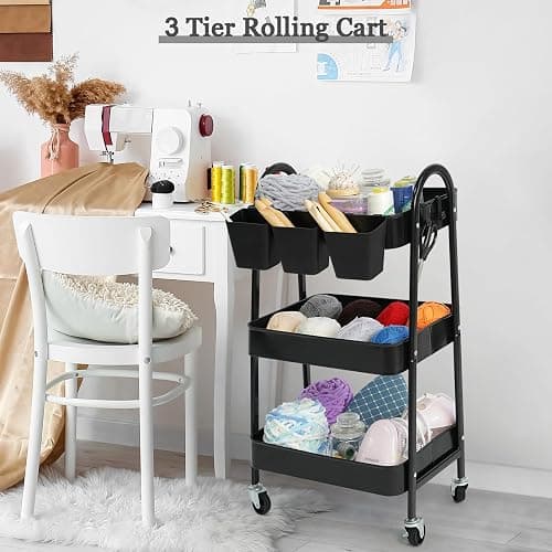 danpinera 3-Tier Rolling Cart, Metal Rolling Storage Cart with Lockable Wheels & Hanging Cups & Hooks, Mobile Trolley Cart for Kitchen, Bathroom, Office, Workshop, Black thumbnail 5