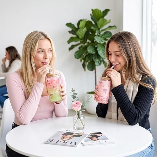 GLECTG 2 Pcs Cute Pink Bow Glass Cups with Lids & Straws, Aesthetic Iced Coffee Cup, Girly Preppy Design Tumbler Mug, Birthday Valentine Gifts for Women, Teen Girl Gifts Trendy Stuff 16OZ thumbnail 5