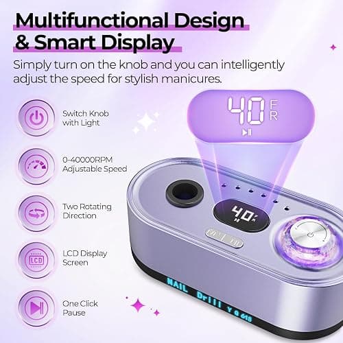 JOSGLOI Electric Nail Drill Professional: 40000RPM Electric Nail File Kit E File Nail Drill Machine with LCD Display for Acrylic Gel Nail, Manicure Pedicure Polishing Nail Grinder for Salon Home Use thumbnail 4