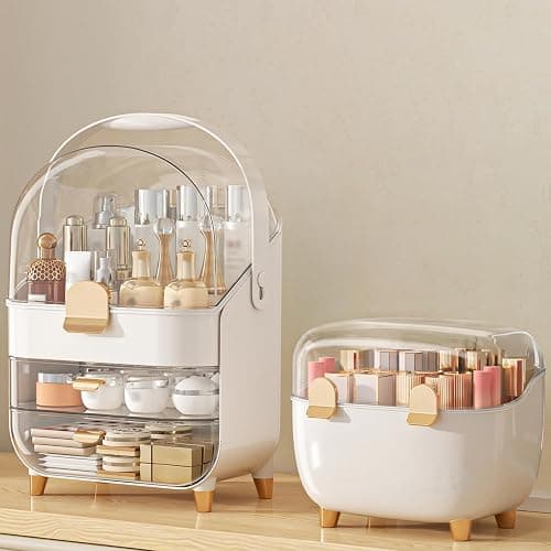 Makeup Organizer with Lipstick Holder, Skincare Organizers Storage Box Cosmetic Display Cases, Teen Girl Gifts Make up Organizers for Vanity, Dresser, Countertop, Bathroom(Rose Gold) - Image 1