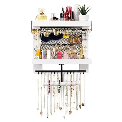Pinzoveco Hanging Jewelry Organizer Wall Mounted, Vintage Style Double-layer Necklace Holder Organizer Display For Necklaces Bracelet Earrings Ring (White) thumbnail 4