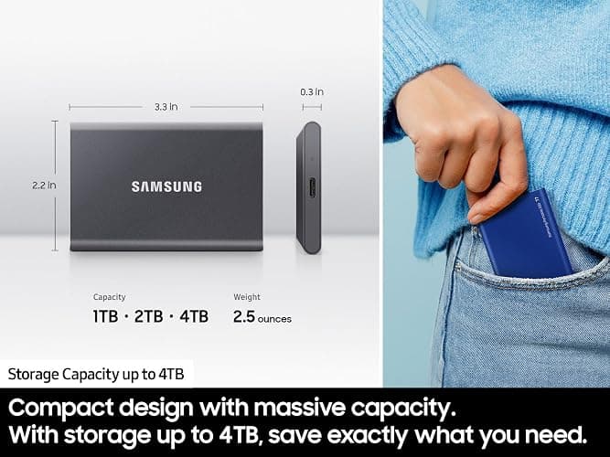 SAMSUNG T7 Portable SSD, 4TB External Solid State Drive, Speeds Up to 1,050MB/s, USB 3.2 Gen 2, Reliable Storage for Gaming, Students, Professionals, MU-PC4T0T/AM, Gray thumbnail 3