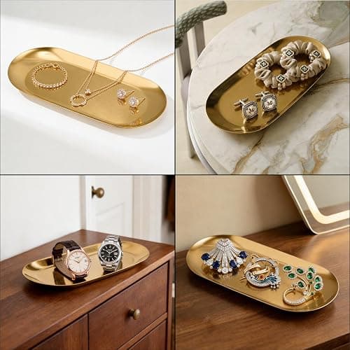 Vaincre Gold Decorative Jewelry Tray - 2PCS Stainless Steel Oval Trinket Ring Holder Dish, 7” Small Bathroom Vanity Kitchen Jewelry Plate Tray Decor for Storing Perfumes, Cosmetics, Candles, Key thumbnail 6