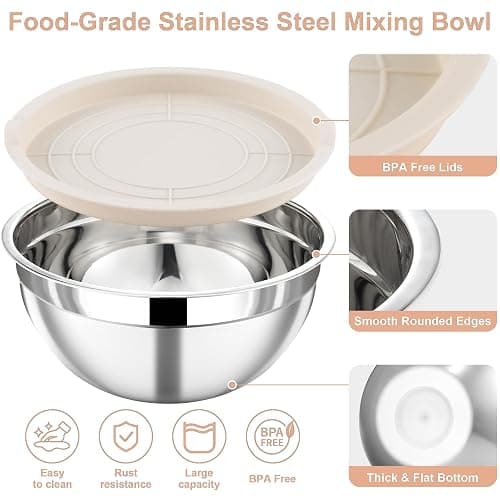 Funnydin 7 Piece Stainless Steel Mixing Bowls with Lids Set - Khaki Nesting Metal Mixing Bowls for Kitchen, Sizes 4.5, 4, 3.5, 2.1, 1.5, 1.1, 0.7 Qt for Baking, Cooking and Serving, Dishwasher Safe thumbnail 4
