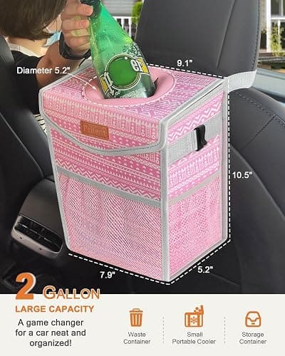 Pritent Car Trash Can with Lid, Cute Leakproof Car Trash Garbage Bag Hanging Vehicle Trash Bin Small Portable Automotive Garbage Cans Organizer for Back/Front Seat/Console(Trapezoid,Pink Print) thumbnail 2