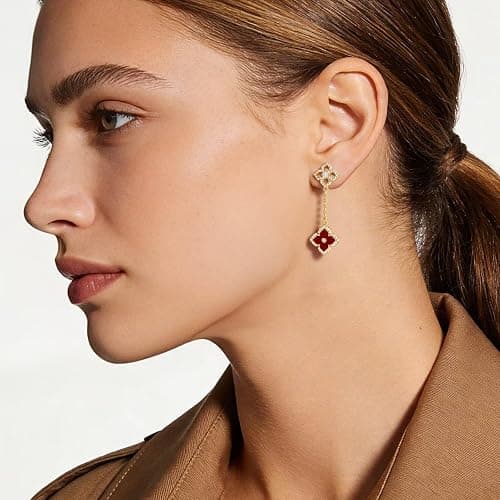 MONOOC Mothers Day Gifts - Clover Dangle Earrings for Women Dangle Stud Earrings 14K-Gold-Plated Lucky Four Leaf Clover Earring for Woman Jewelry Lucky Birthday Mothers Day Gift for Mom Wife Her thumbnail 3