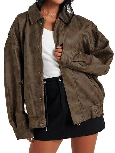 Tankaneo Womens Oversized Leather Jackets Trendy Zip up Bomber Motorcycle Coat 2025 Going out Outfits - Image 1