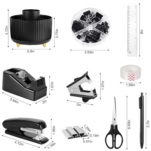 Gawsey Black Desk Organizers and Accessories Set with 360-Degree Rotating Pen Holder, Tape Dispenser, Stapler, Staple Remover, 1000 Staples, Tape, Clips Set, Ruler, Scissor, Pen thumbnail 2