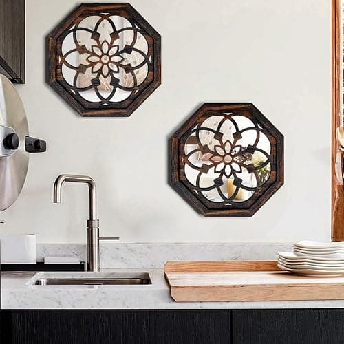 ZOLAPI 2-Piece Octagon Wall-Mounted Mirrors,Vintage Farmhouse Mirror for Wall Decor,Caramel Color Decorative Accent Mirror for Foyer, Bathroom, Bedroom. (12”x12”) thumbnail 5