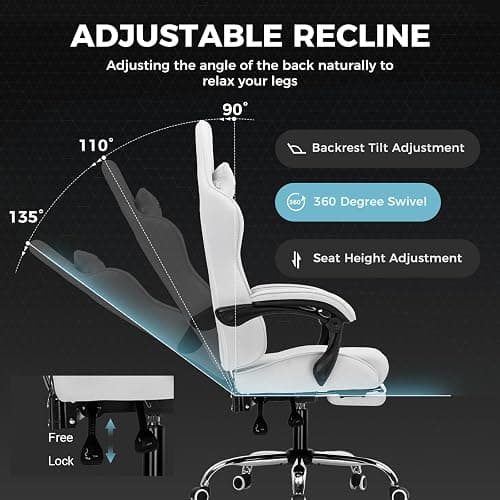 GTPLAYER Gaming Chair with Footrest, Computer Chair with and Lumbar Support, Height Adjustable Game Chair with 360°-Swivel Seat and Headrest and for Office or Gaming (All Light Gray-Fabric) thumbnail 5