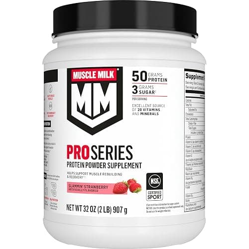 Muscle Milk Pro Series Protein Powder Supplement, Slammin' Strawberry, 2 Pound, 11 Servings, 50g Protein, 3g Sugar, 20 Vitamins & Minerals, NSF Certified for Sport, Packaging May Vary - Image 1