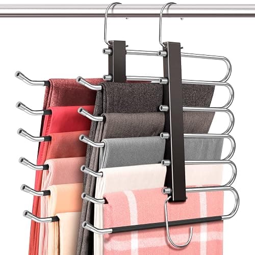 HUITEM 4 Pack 6-Tier Space Saving Pant Hangers, Anti-Slip, Lightweight, Stainless Steel, Black, 6 Pairs Jeans Hangers - 4 Pack - Black - Image 1
