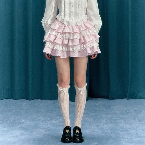 Lolita Kawaii Skirt Women Teen Girl Sweet Cute Ruffle Layered Mini Skirt Y2K High Waist Lace Cake Skirts thumbnail 2