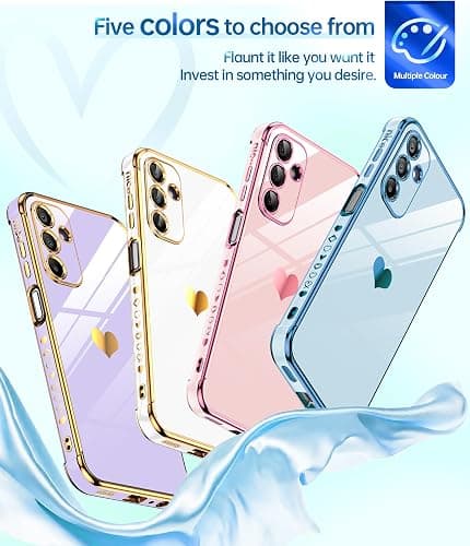 LeYi for Samsung Galaxy A15 5G Case: with Tempered Glass Screen Protector [2 Pcs]+Camera Lens Protection, Love Heart Plating Women Luxury Shockproof Case for A 15, Cute Present for Mom, Sierra Blue thumbnail 5